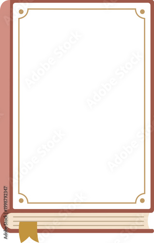 Vintage hardcover book frame illustration with gold borders and a ribbon bookmark