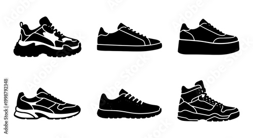 Photos Six Black Silhouette Sneaker Icons, Diverse Footwear Styles, Athletic Shoes Coll