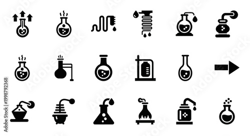 Laboratory, science icons, 20 black vector symbols, beakers, flasks, equipment