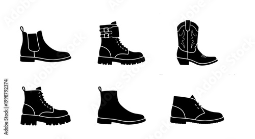 Foto Diverse Boot Collection Vector Icons, Fashion Footwear Silhouettes, Casual and W