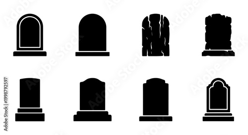 Foto Grave Marker Icons, Tombstone Silhouettes, Memorial Stone Vector Set, Cemetery H