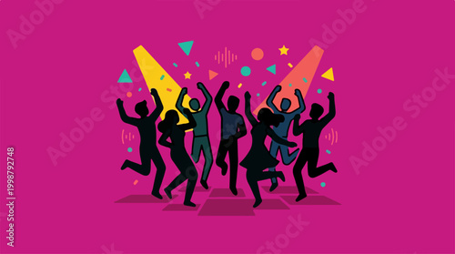 Group of young people dancing at a party with colorful confetti.
