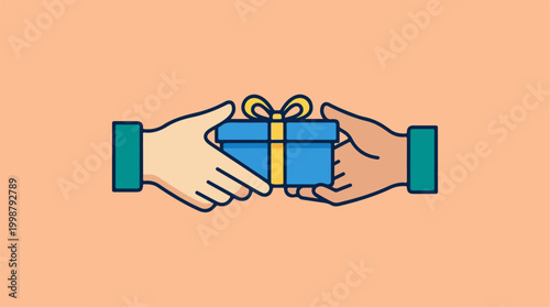 Hands exchanging a blue gift box on a solid background.
