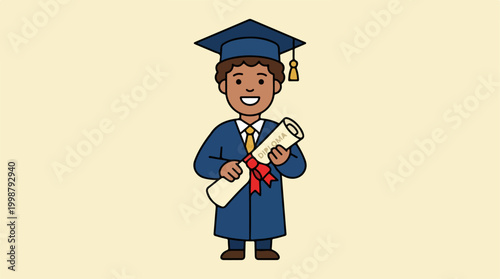 Happy male graduate student wearing cap and gown holding a diploma.