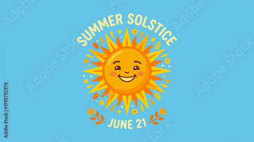 Happy Summer Solstice celebration illustration with cute sun character.