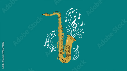Illustration of a golden saxophone with musical notes on a dark teal background.