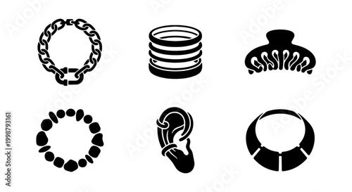 Schilderij op canvas Set of 6 Black and White Accessory Icons: Bracelet, Bangles, Claw Clip, Beaded B