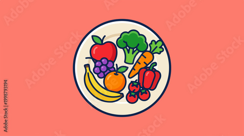 Illustration of a plate filled with fresh healthy fruits and vegetables.