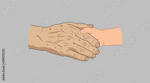 Illustration of an elderly person holding a small childs hand.
