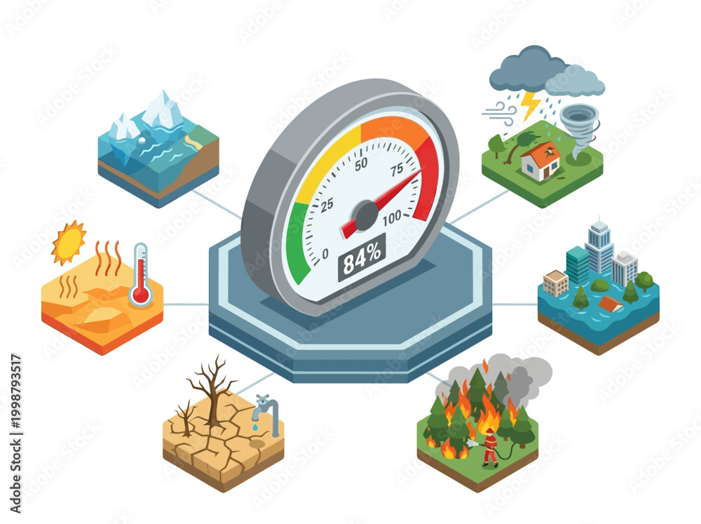 Naklejka premium Climate change effects on environment illustrated with gauge and diverse natural disaster scenes around it globally.