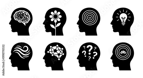 Mindset Icons Set, Human Head Silhouette Concepts, Brainstorming Ideas, Mental States, Abstract Thought Patterns, Vector Graphics Collection