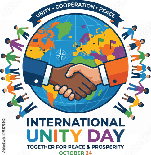 International Unity Day Celebration Design with Globe and Handshake.