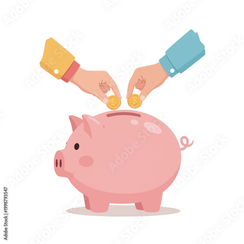 Hands inserting coins into a piggy bank, concept of saving money and financial growth.