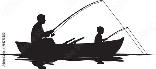 Fishing father and son in a rowboat on calm water