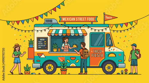 Mexican street food truck illustration with people ordering tacos.