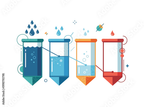Colorful illustration of four test tubes with liquids and bubbles on a white background with science symbols.