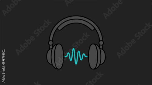 Minimalist icon of headphones with a glowing sound wave.