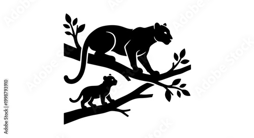 Foto Black Panther and Cub Silhouette on Tree Branches, Wild Animal Family Vector Art