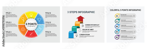 Six Point Infographic Template. Three Steps Infographic. Five Point Infographic With Step Badges.