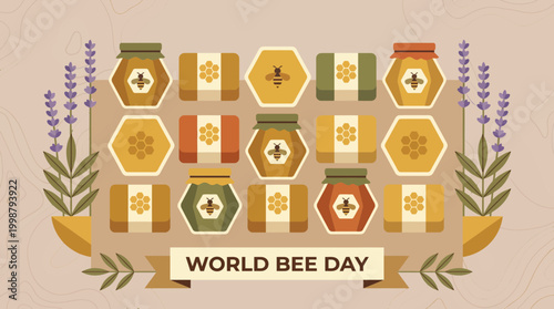 World Bee Day Flat Illustration with Honey Jars and Lavender