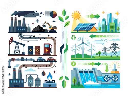 The image illustrates a comparative infographic of renewable and non-renewable energy sources side by side.