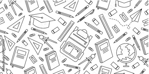 School supplies seamless pattern. School attributes seamless pattern. Student accessories repeat background. Back to school banner. Education doodle pattern background.