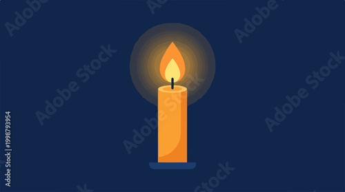 Minimalist vector illustration of a glowing yellow candle against a dark blue background.