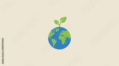 Minimalist vector illustration of earth globe with small green sprout.
