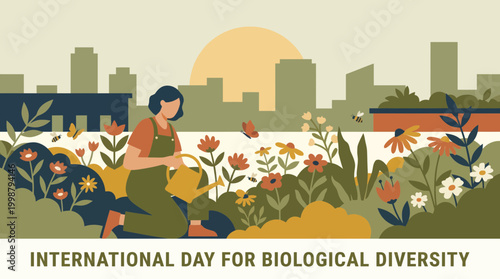 International Day for Biological Diversity Illustration with Woman Gardening