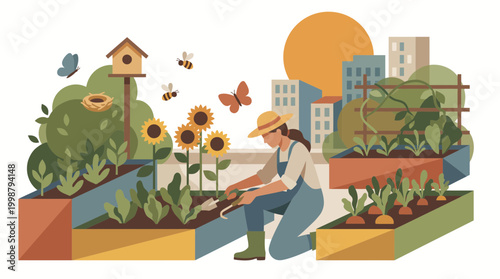 Urban Rooftop Gardening Illustration with Woman and Sunflowers