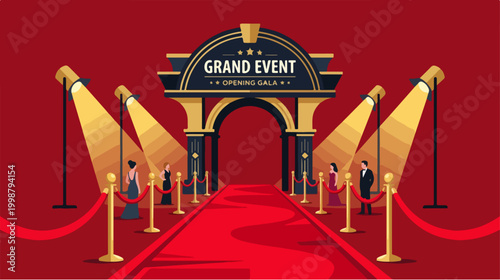 Red carpet entrance with elegant archway and spotlight illumination for a grand event.