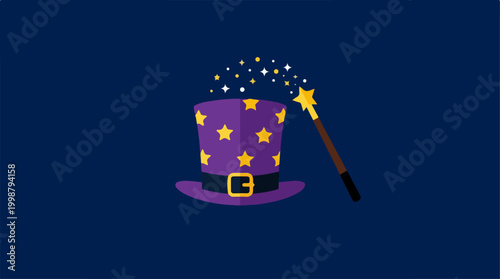 Purple magician hat with yellow stars and magic wand.