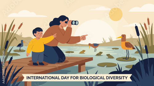 Mother and son observing wildlife for Biological Diversity Day