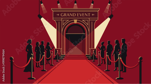 Red carpet entrance with elegant people at a grand event.