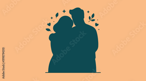 Silhouette of a romantic couple embracing each other with decorative hearts and leaves.