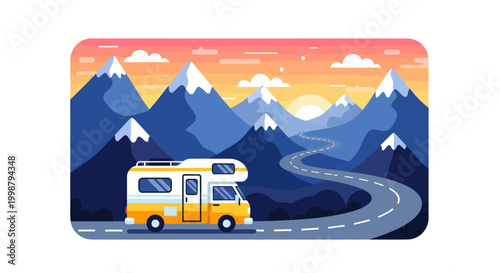 RV motorhome driving on winding mountain road at sunset, adventure travel