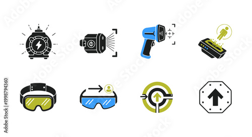 Technology Icons: VR Headset, Thermometer, Scanner, Navigation, and More