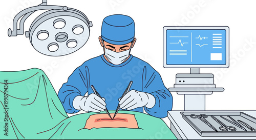 Surgeon Performing Operation in Modern Operating Room with Medical Equipment