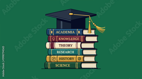 Stack of Academic Books with Graduation Cap.