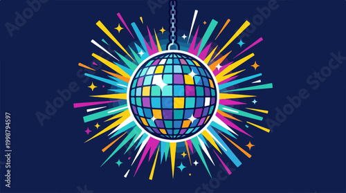 Vibrant Disco Ball Illustration with Colorful Radiating Light Rays.