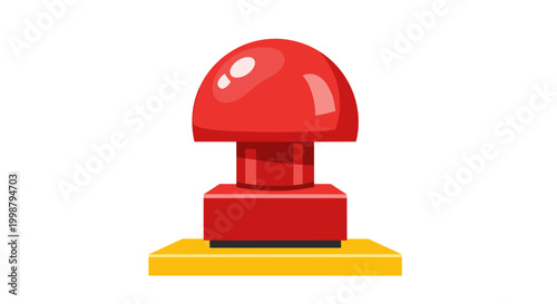 Large glossy red button with a square base on a yellow platform symbolizing action decision or starting something new