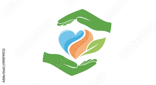 Green hands gently cradle a vibrant heart symbol composed of water orange and leaf elements representing care