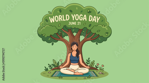 Woman meditating under a tree for International Yoga Day celebration.