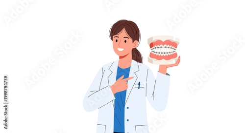 Dentist woman in white lab coat holding dental model with braces showing healthy teeth and gums offering consultation