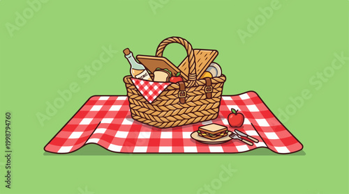 Wicker picnic basket with food on a red checkered cloth.