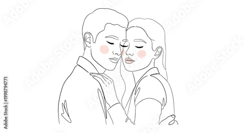 Tender couple embracing closely with eyes closed delicate line art illustration conveying intimacy and romantic