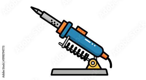 Close up of a blue soldering iron with orange accents on a stand illustrating electronic repair and diy crafting clean