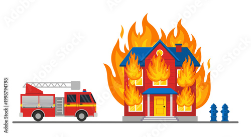 Firefighter truck arriving at a burning house engulfed in bright orange flames emergency services concept