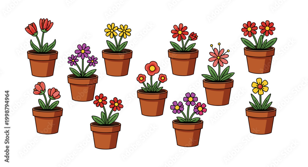 Fototapeta premium Collection of diverse potted flowers in terracotta pots arranged in a scattered pattern against a clean white