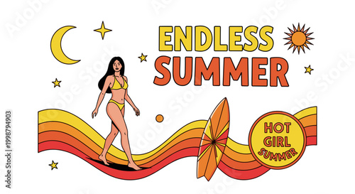 Vibrant 'endless summer' graphic with woman surfing on warm wavy lines surfboard sun moon stars and 'hot girl summer'